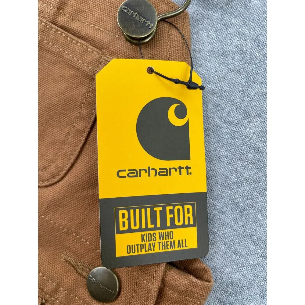 Carhartt Baby Canvas Bib Overalls 6M Brown 100% Cotton Leg Snaps Pocket Patch